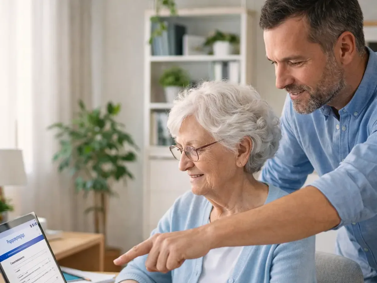 Ein Angehöriger unterstützt eine ältere Frau bei der digitalen Vorbereitung ihrer Pflegeangelegenheiten