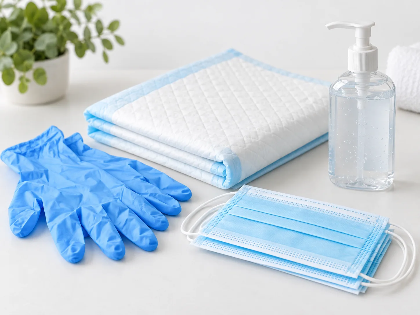Pflegehilfsmittel mit Einmalhandschuhen, Bettschutzeinlagen, Masken und Desinfektionsmittel