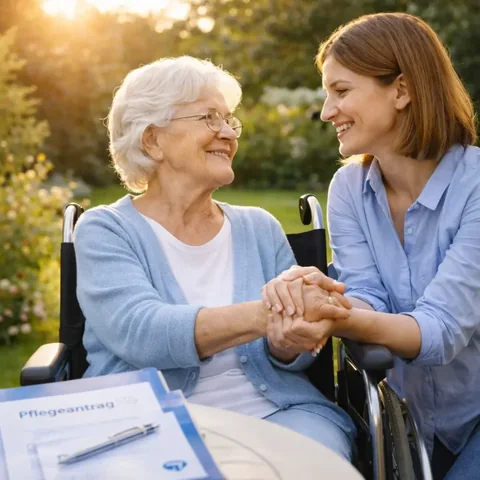 Eine Angehörige hält die Hände einer älteren pflegebedürftigen Frau